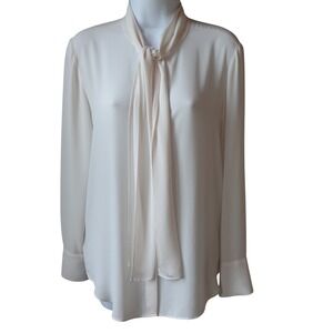 ANN TAYLOR Ivory Cream Sheer Long Sleeve Bow Neck Blouse Top Small Quiet Luxury